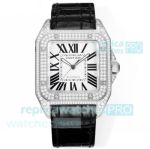 Swiss clone Cartier De Santos 100th Anniversary White Face Roman Watch Diamond-set 